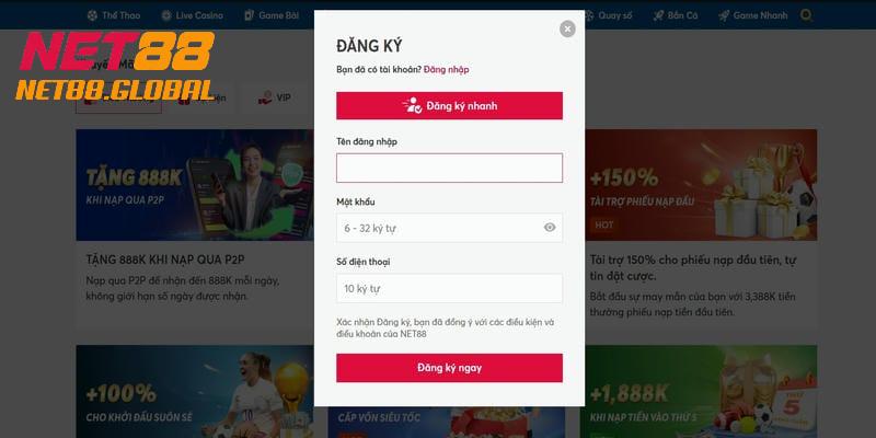 Cập nhật chính xác về thao tác cho quá trình nhấn chọn đăng ký Net88