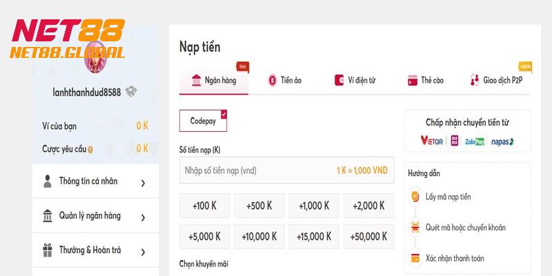 Quy trình nạp tiền Net88 qua chuyển khoản nhanh chóng